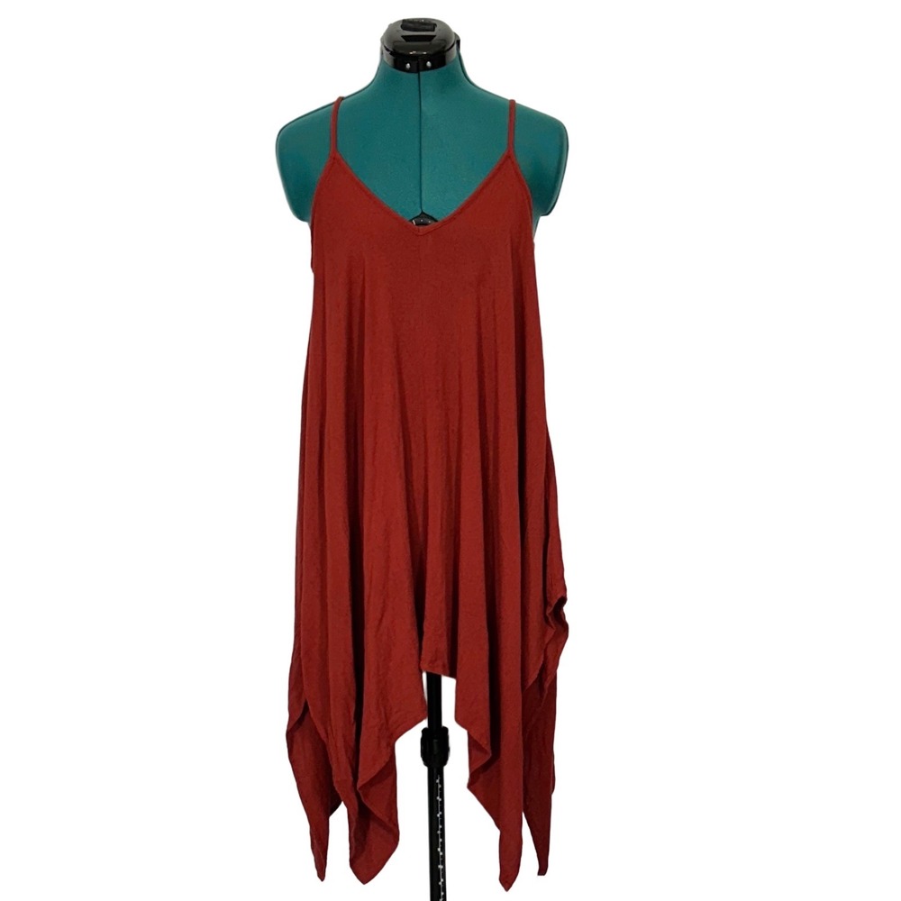Poetry Spaghetti Strap Tunic Top Mini Dress Medium Rust Red Handkerchief Hem